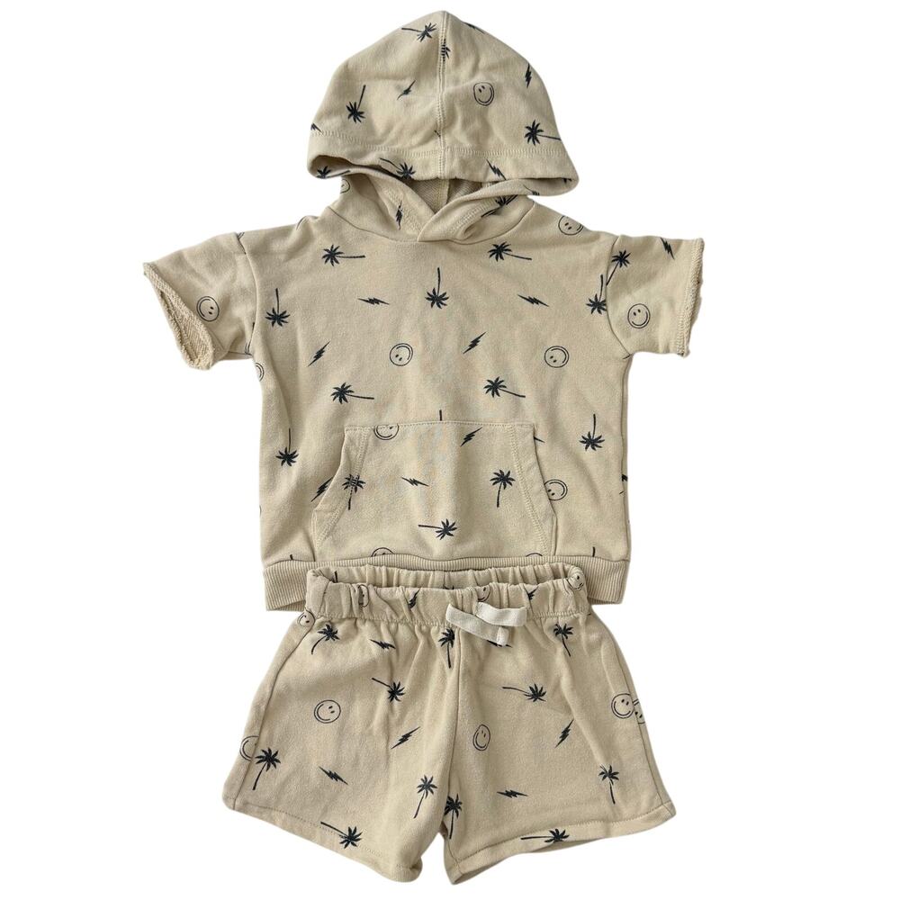 Grayson Mini Beige Smiley Palm Tree Hooded Top & Shorts Outfit Size 18 Months